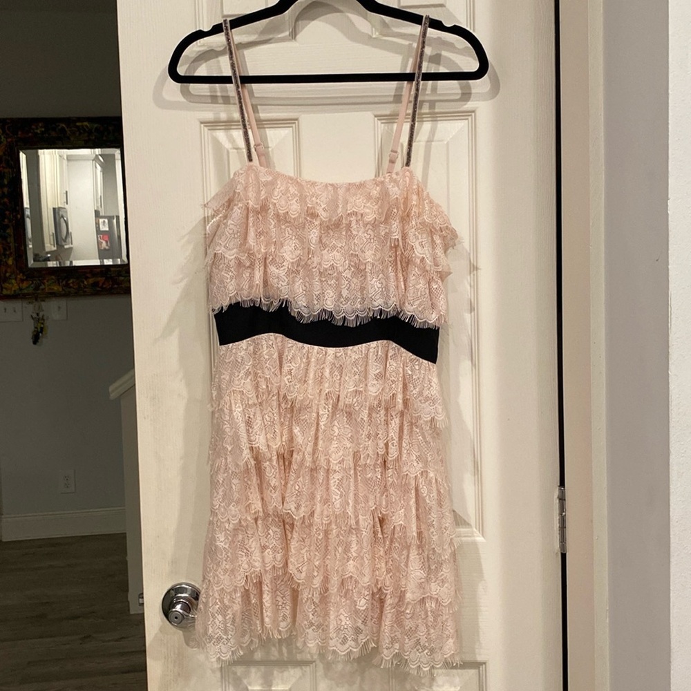 Beautiful Pink Layered Lace Mini DressBlack. Adjustable straps w/Beading detail - Picture 1 of 13